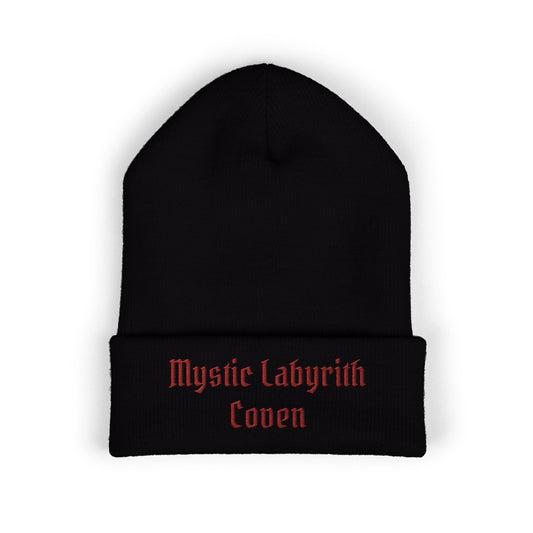 Mystic Labyrinth Coven Embroidered Beanie — Witchy Cuffed Knit Hat