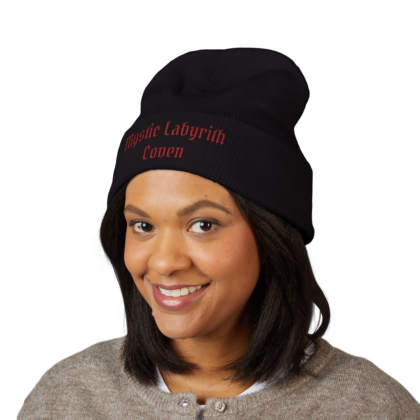Mystic Labyrinth Coven Embroidered Beanie — Witchy Cuffed Knit Hat